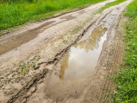 Dirt road with puddles after rain.の写真素材
