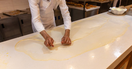 The cook rolls out the dough in the kitchen.の写真素材