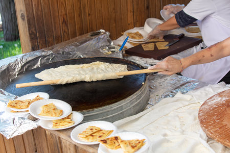 Cooking gozleme in the kitchen. National dish of Turkey.