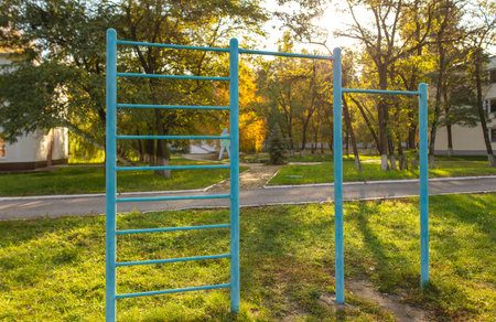 Metal exercise equipment for playing sports in the park in autumn.の写真素材