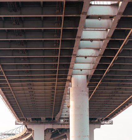 Concrete pillars of a large bridge. Bottom view.の写真素材