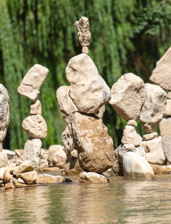 Pyramids of stones on the river.の写真素材