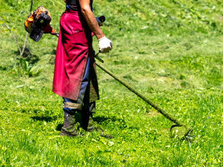 A man mows green grass with a petrol trimmer.の写真素材