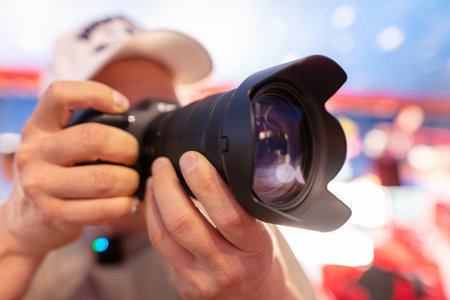 Camera in the hands of a male photographer. Close-up.の写真素材