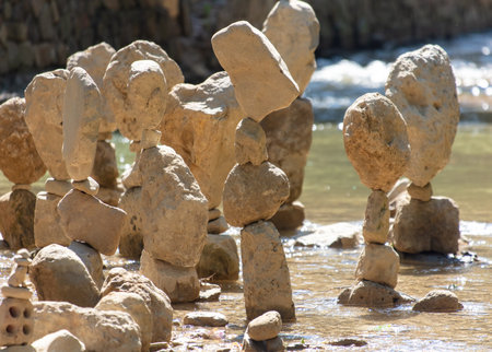 Pyramids of stones on the river.の写真素材