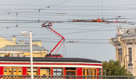 Tram horns on wires in the city.の写真素材