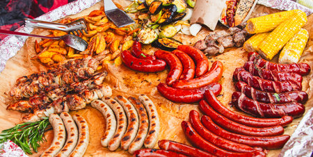 Close-up of fried meat sausages.の写真素材
