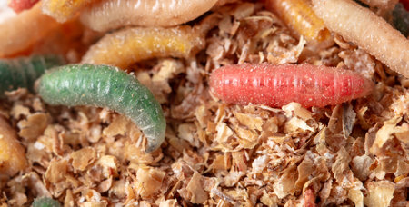 Multi-colored maggots in sawdust as a background. Macro.の写真素材