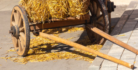 Wooden wheels on an old wagon with hay.の写真素材