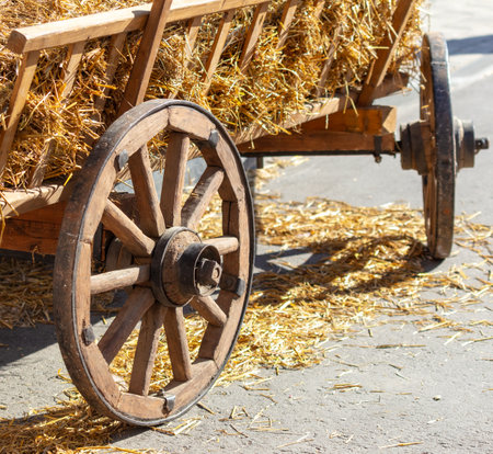 Wooden wheels on an old wagon with hay.