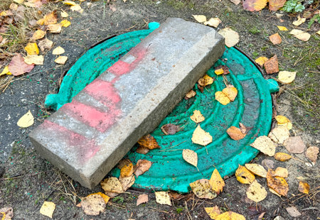 Sewer hatch on the ground in the park.