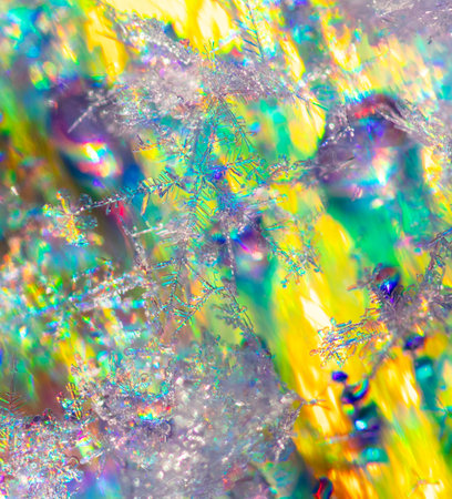 Close-up of snowflakes on a multi-colored background. Macro.