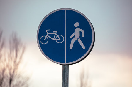 Bicycle path sign on city streets.の写真素材