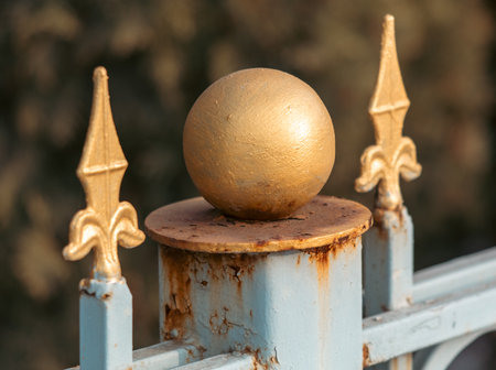 Metal fence with pins and ball.の写真素材