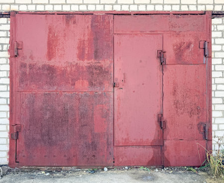 Old metal red gate in the garage.の写真素材