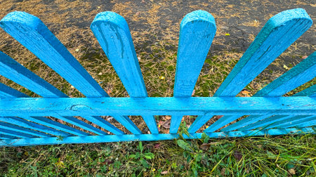 Blue wooden fence in nature.の写真素材
