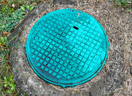 Sewer hatch on the ground in the park.