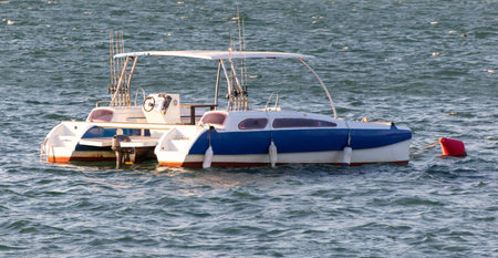 The catamaran floats on the sea.