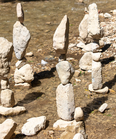 Cairns on the river. Close-up.の写真素材