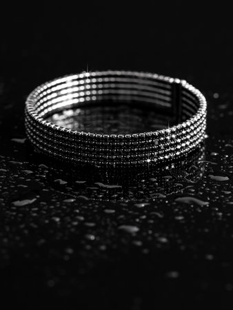 Women's bracelet in drops of water on a black background.の写真素材