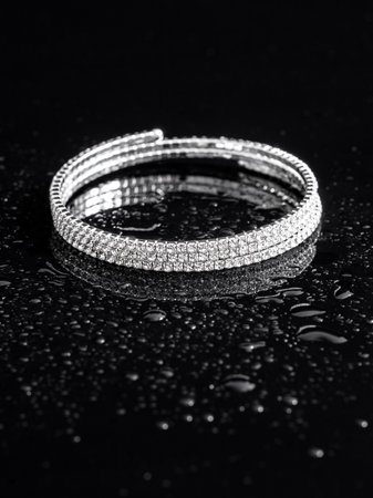 Silver bracelet in drops of water on a black background.の写真素材