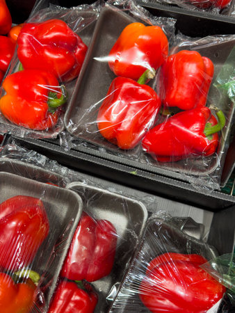Red paprika on the counter in the market.の写真素材
