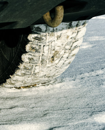 Close-up of a car wheel on the snow.