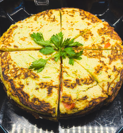 Egg dishes with vegetables on display in a market.の写真素材