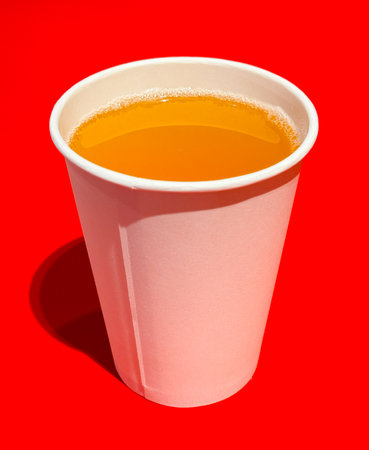 Orange juice in a paper glass on a red background.の写真素材