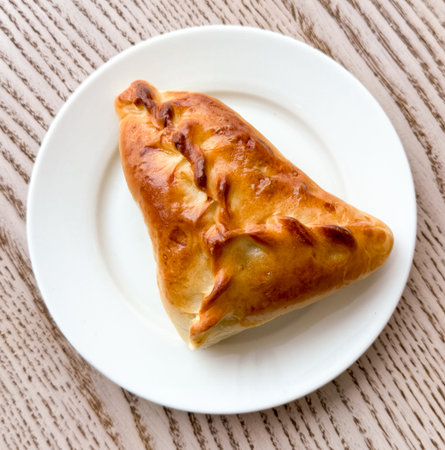Meat pie on a plate on the table.
