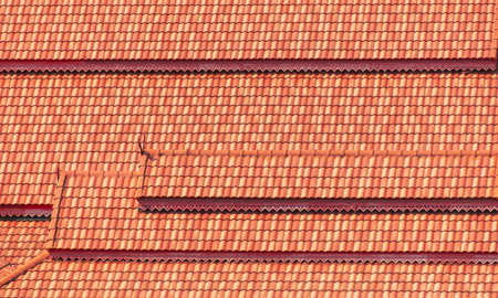 Old red metal roof as an abstract background. Texture.の写真素材
