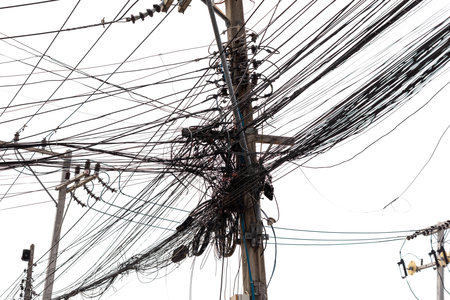 Pole with electrical wires isolated white background.の写真素材