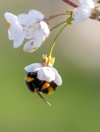 Bumblebee on a tree flower in nature. Macro.の写真素材