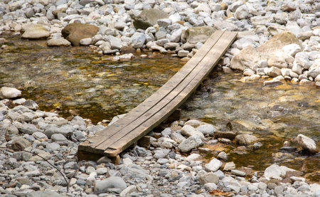 Wooden bridge over a mountain river.
