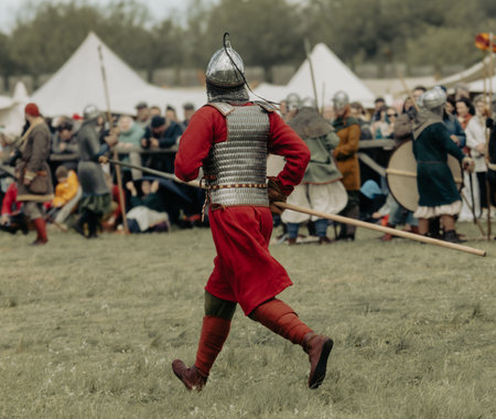 Knights in armor with weapons at war.の写真素材