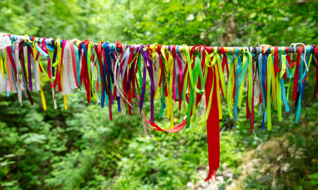 Multi-colored rope tied in the park. Religion.