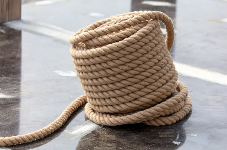 Marine rope on the pier. Close-up.の写真素材