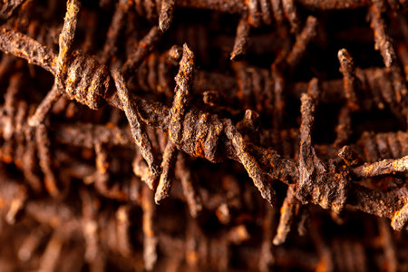 Close-up of rusty metal barbed wire.の写真素材
