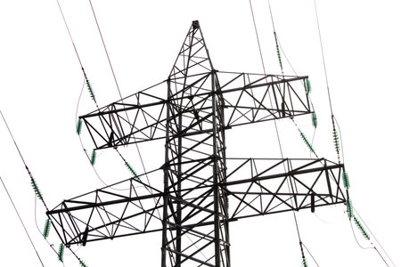 Metal electric pole with wires isolated on a white background.