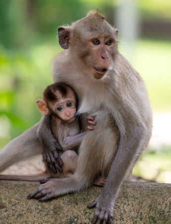 Monkey with baby in tropical park.の写真素材