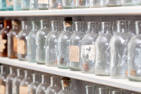 Old glass bottles on a shelf as a background.の写真素材