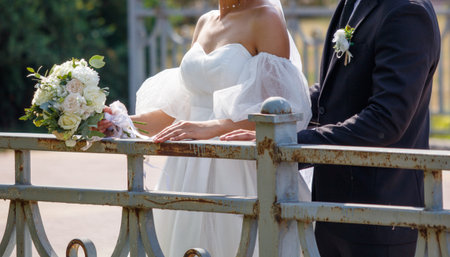 The bride in a wedding dress and the groom are walking in the park. Detailed photo.