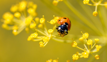 Ladybug on yellow dill flowers. Macro.の写真素材