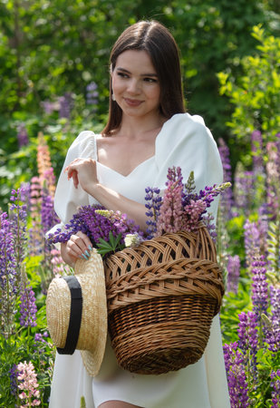Girl with a hat and a basket in lupine flowers.の写真素材