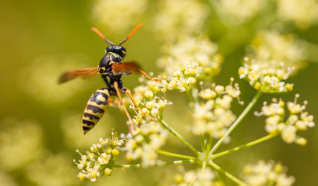 Wasp on a yellow flower. Macro.