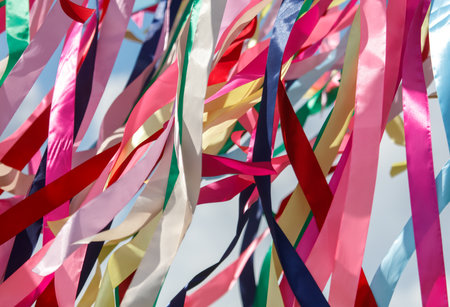 Multicolored festival ribbons flutter in the wind. Background.の写真素材
