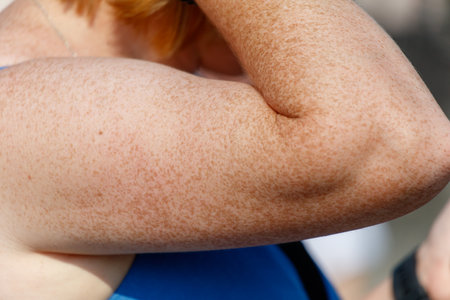 A woman with red hair has a tattoo on her arm. The tattoo is a small design and is located on the inside of her armの写真素材