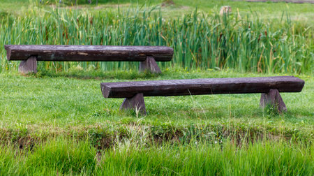 Two wooden benches are sitting on a grassy hillside. The benches are made of wood and are placed in a grassy field. The scene is peaceful and sereneの写真素材