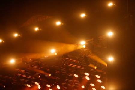 Red-orange color on stage at a concert.の写真素材