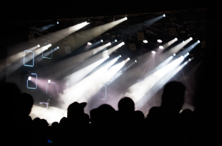 Silhouettes of spectators against a background of blue light at a concert.